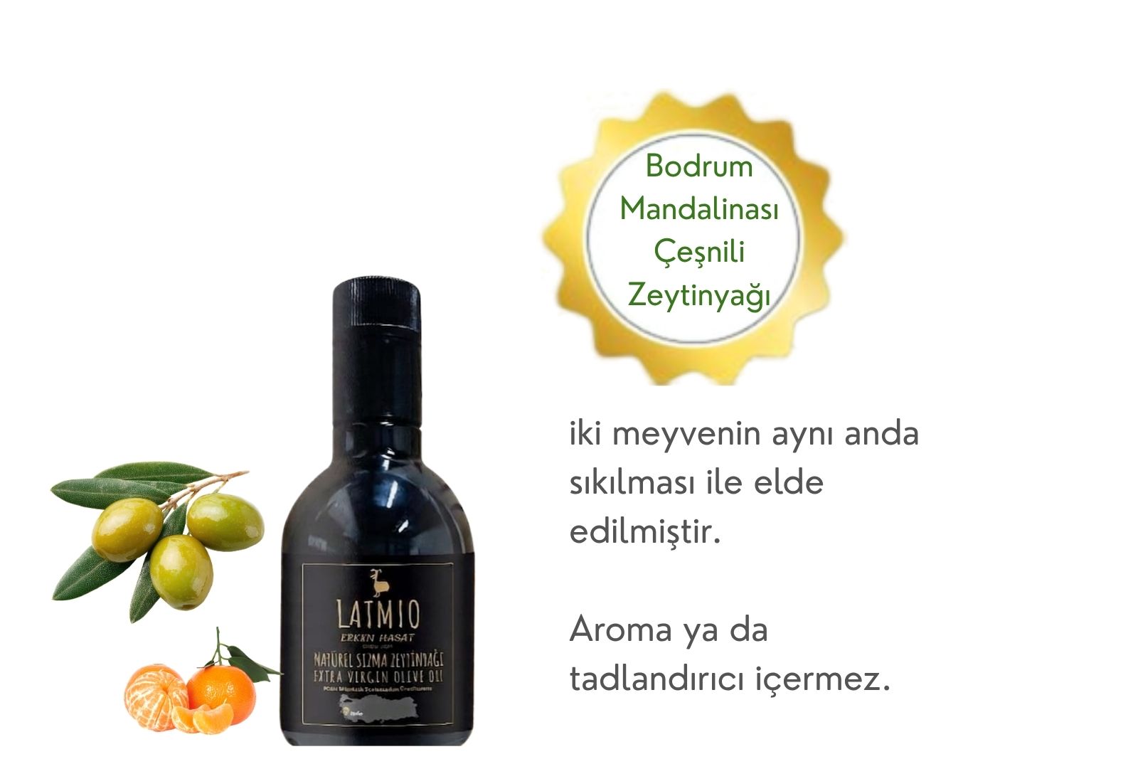 Bodrum Mandalina Çeşnili Zeytinyağı, Soğuk Sıkım, 250 ml,